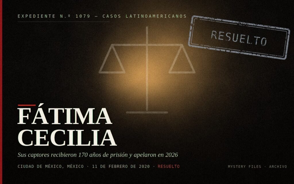 Portada del expediente de Fátima Cecilia: balanza, Ciudad de México, 11 de febrero de 2020 y condena de 170 años