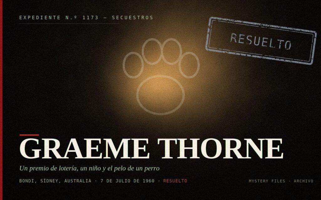 Portada del expediente de Graeme Thorne: un premio de lotería, un niño y el pelo de un perro