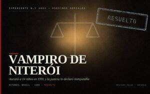 Portada del expediente del Vampiro de Niterói: balanza, Niterói (Brasil), 1991 y declaración de inimputabilidad