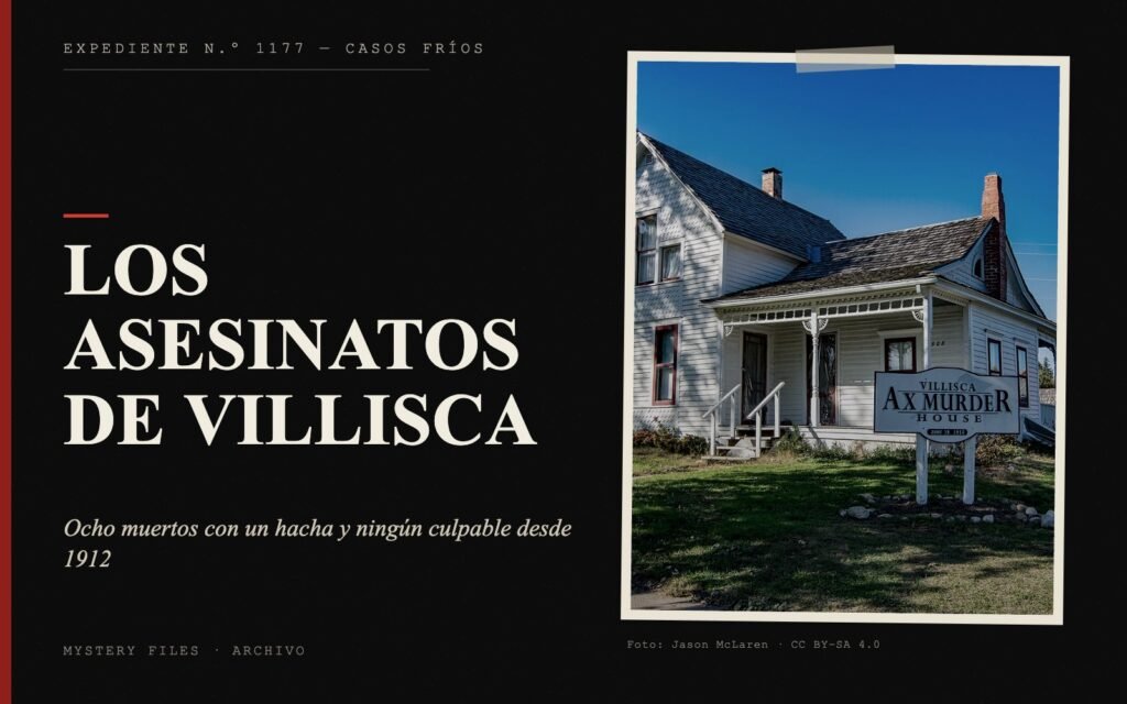 Portada del expediente de Los asesinatos de Villisca con fotografía: ocho muertos con un hacha y ningún culpable desde 1912