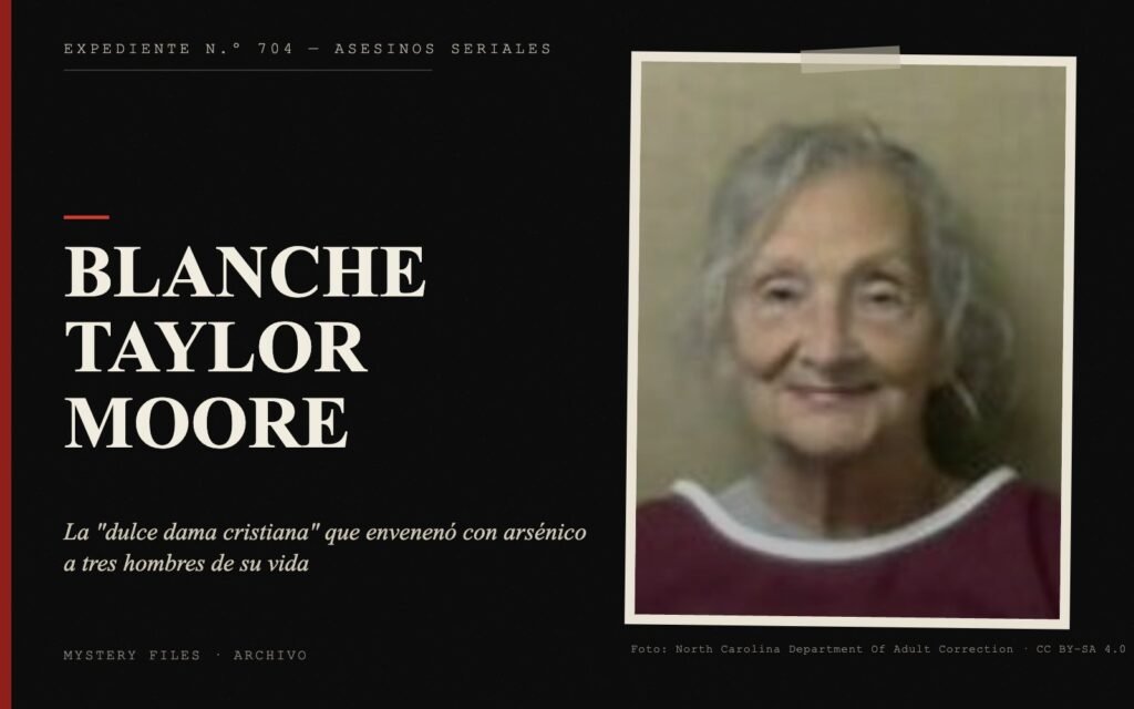 Portada del expediente de Blanche Taylor Moore con fotografía: la "dulce dama cristiana" que envenenó con arsénico a tres hombres de su vida