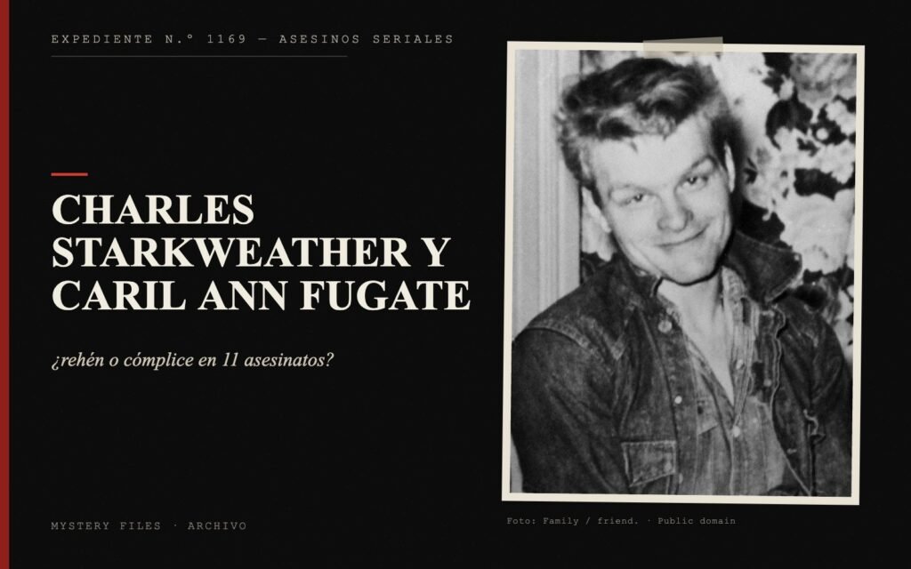 Portada del expediente de Charles Starkweather y Caril Ann Fugate con fotografía: ¿rehén o cómplice en 11 asesinatos?