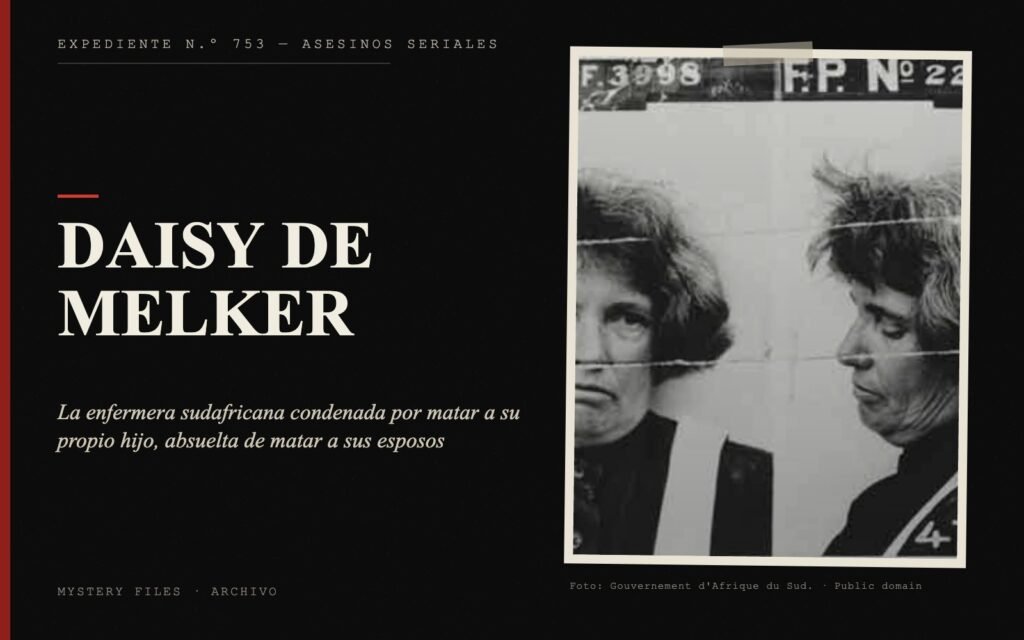Portada del expediente de Daisy de Melker con fotografía: la enfermera sudafricana condenada por matar a su propio hijo, absuelta de matar a sus esposos