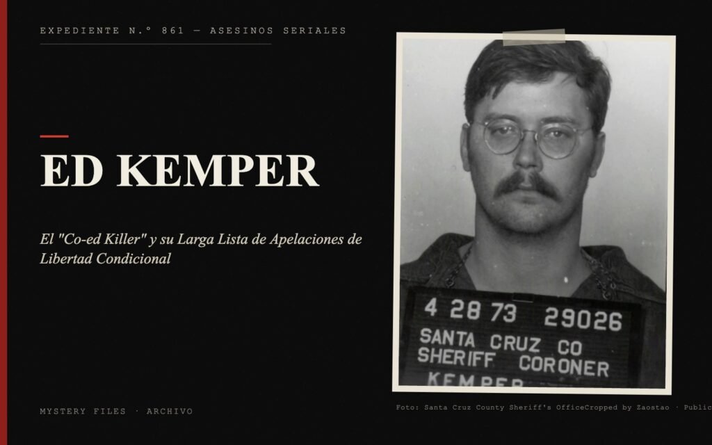 Portada del expediente de Ed Kemper con fotografía real: el "Co-ed Killer" y su Larga Lista de Apelaciones de Libertad Condicional