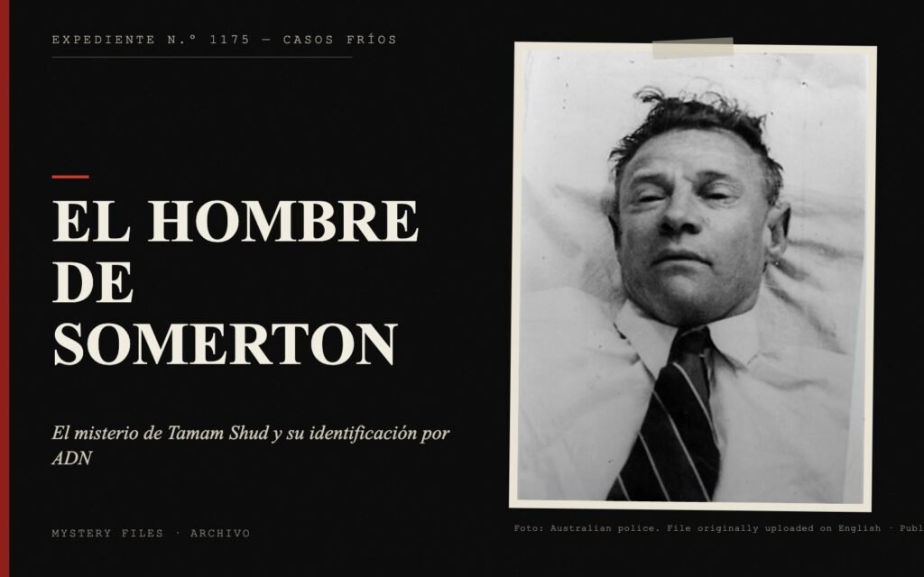 Portada del expediente de El Hombre de Somerton con fotografía: el misterio de Tamam Shud y su identificación por ADN