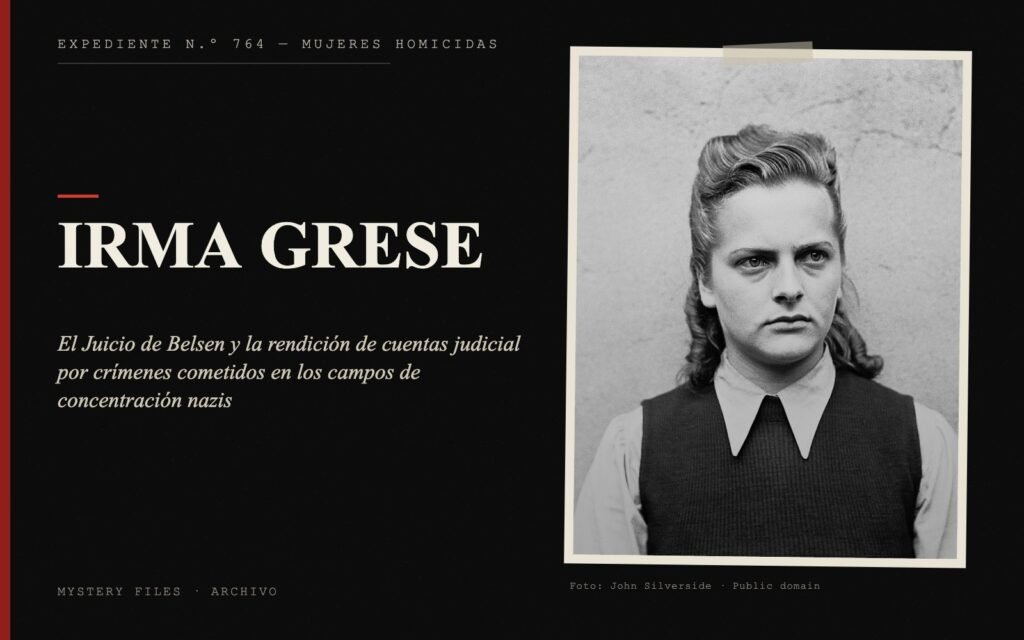 Portada del expediente de Irma Grese con fotografía: el Juicio de Belsen y la rendición de cuentas judicial por crímenes cometidos en los campos de concentración nazis