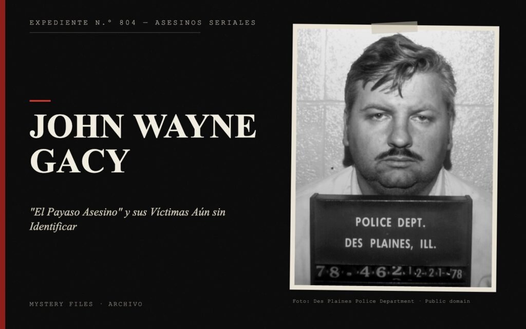 Portada del expediente de John Wayne Gacy con fotografía real: "El Payaso Asesino" y sus Víctimas Aún sin Identificar