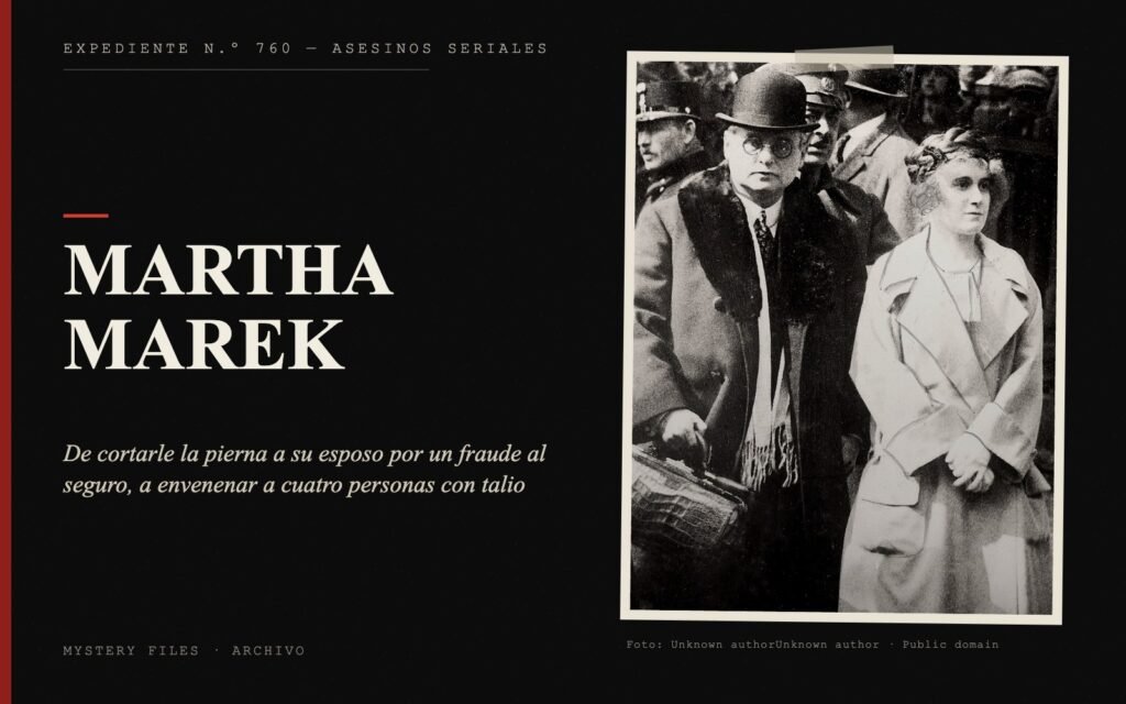 Portada del expediente de Martha Marek con fotografía: de cortarle la pierna a su esposo por un fraude al seguro, a envenenar a cuatro personas con talio