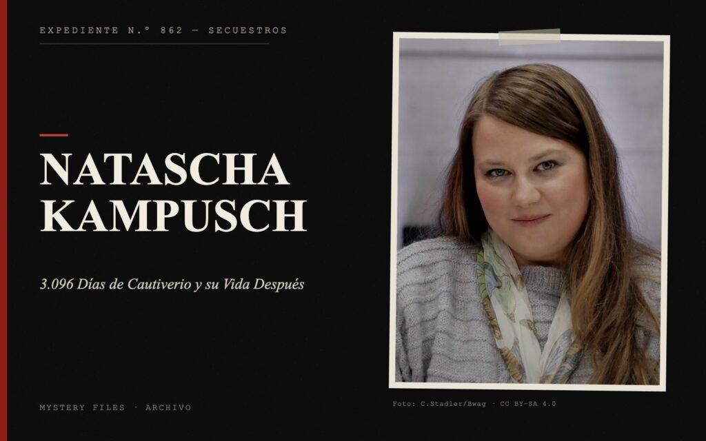 Portada del expediente de Natascha Kampusch con fotografía real: 3.096 Días de Cautiverio y su Vida Después