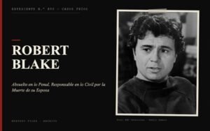 Portada del expediente de Robert Blake con fotografía real: Absuelto en lo Penal, Responsable en lo Civil por la Muerte de su Esposa